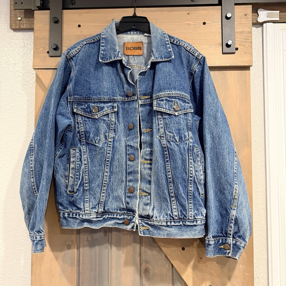 VTG BOSS Denim Trucker Jacket Mens M Blue Button Up Classic Jean Jacket 90s